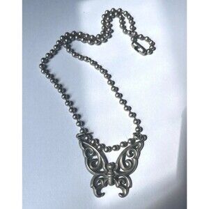 ASW Pewter Butterfly Necklace Vintage Ball Chain Silver Tone Openwork Pendant